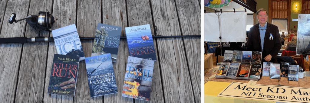 Photo of a man standing behind a table filled with books