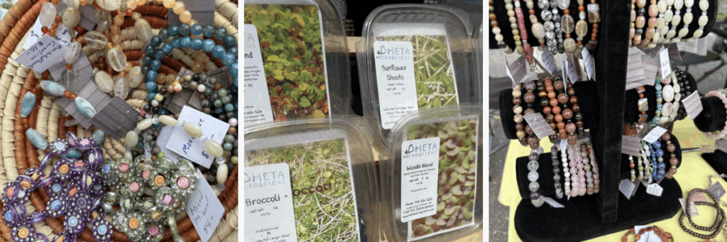 pictures of beaded jewelry and microgreens