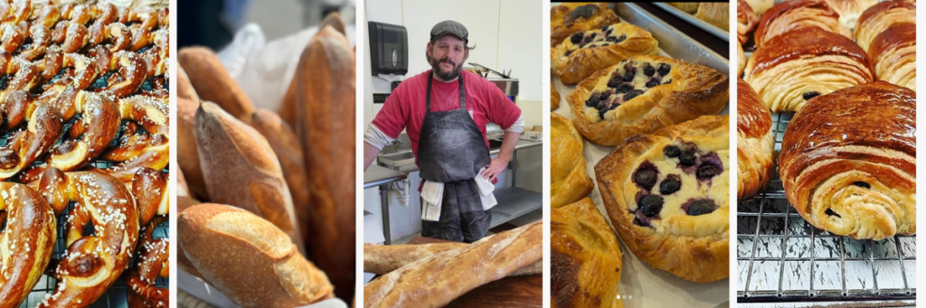 images of a baker and different types of breads and pastries