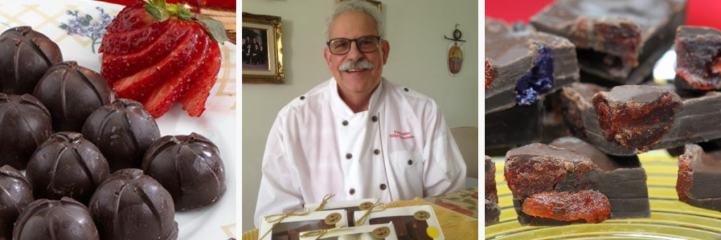 Pictures of chocolate and a man in a chef'scoat