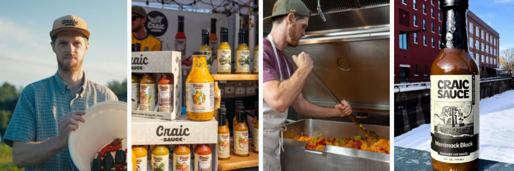 images of a man in a field, sauteeing peppers, and bottles of hot sauce